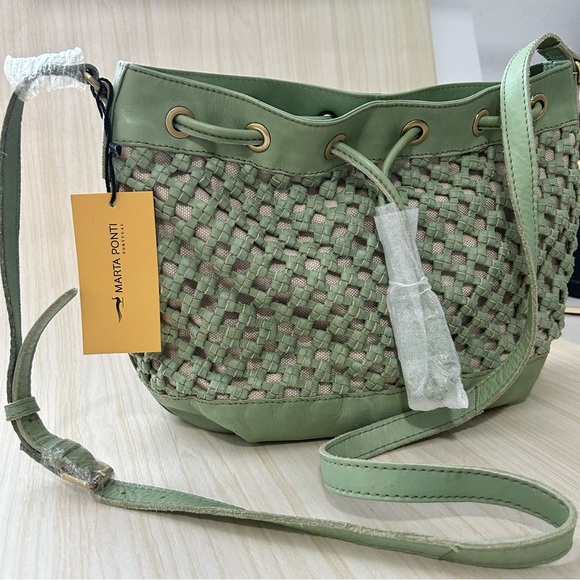 Martha Ponti Leather Woven Sage Crossbody Bucket Handbag Purse Boho - Picture 1 of 13